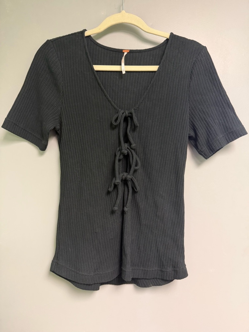 Free People Black Ribbed Short-Sleeve Tie-Front Top